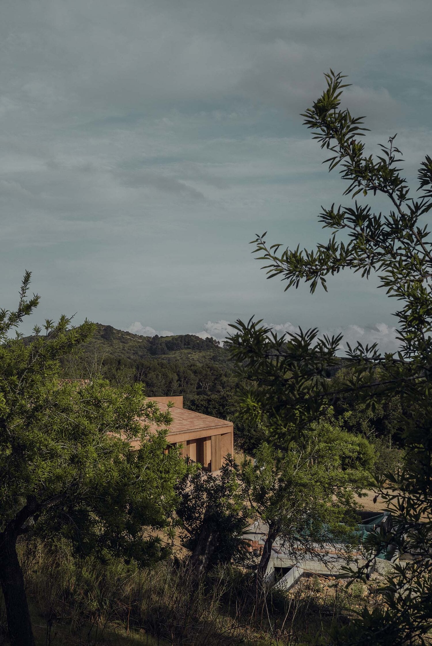Alcúdia House, Balearic Islands, Spain — Terracotta modernist villa nestled among olive trees and Mediterranean vegetation with forested hills beyond.