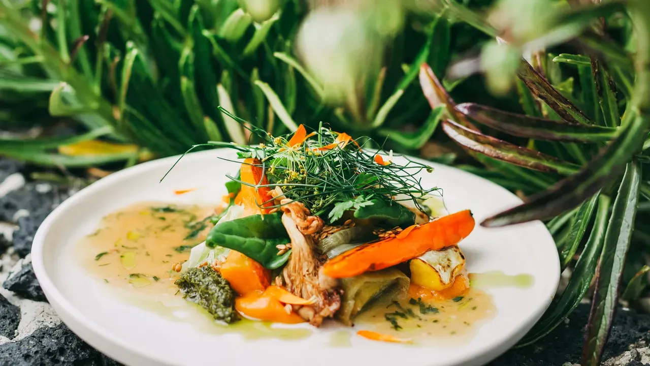 Santa Barbara, Europe — Plated seafood with roasted vegetables, chive oil, and microgreens garnish on white ceramic in fine dining setting.