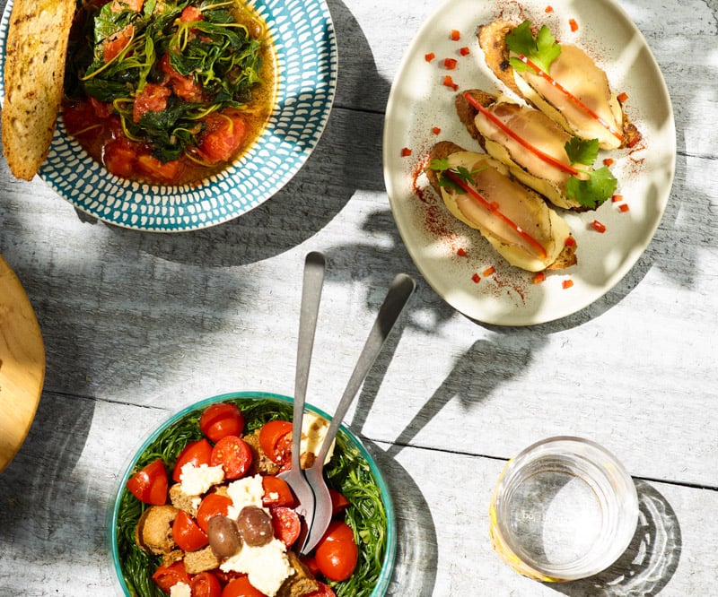 The Wild, Europe — Overhead shot of plated dishes on whitewashed wood: seared fish with ginger and chili, leafy greens with tomatoes and cheese, natural daylight casting soft shadows.
